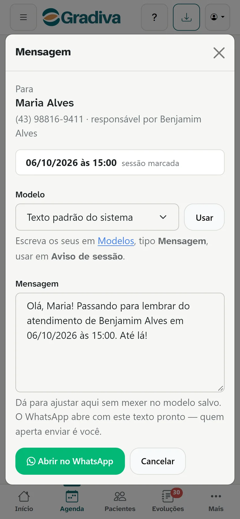 Aviso de sessão pelo WhatsApp, com a data e a hora preenchidas.